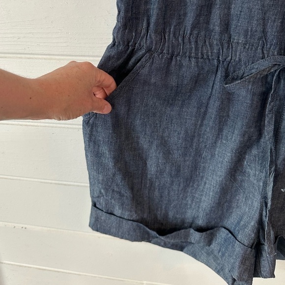 Lucky Brand Chambray Cotton Denim Romper Button Front Tie Waist Sz L - Picture 6 of 11